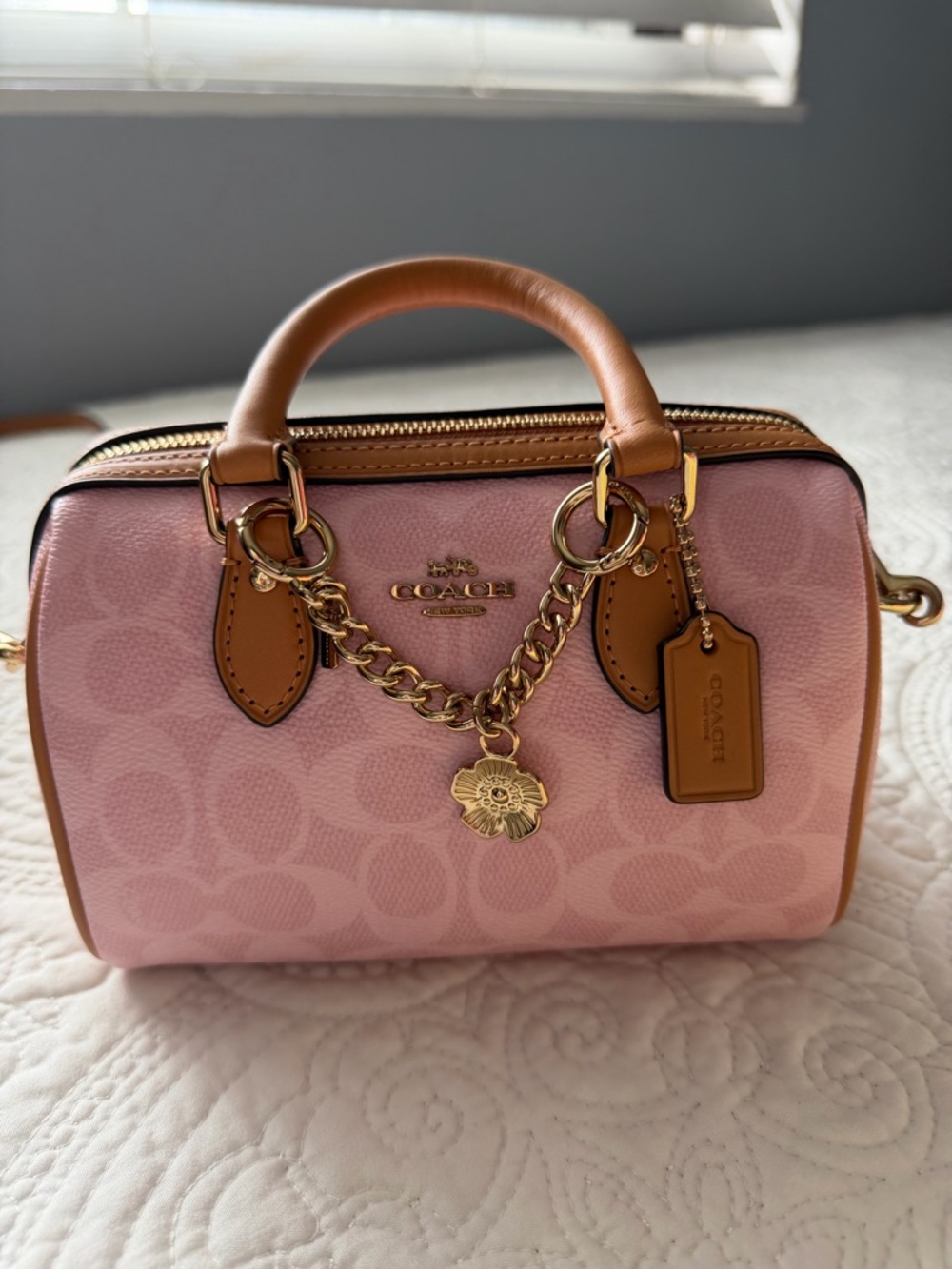 NEW COACH Powder Pink Mini Rowan with Tan Trim and Gold Charm